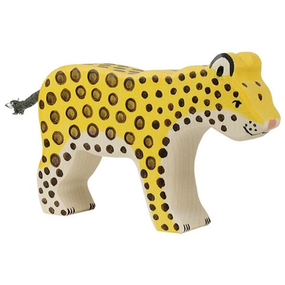 Wooden toy cheetah figure on a white background