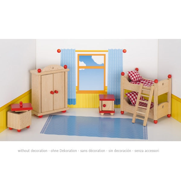 DOllhouse room with wooden furniture including a bed, wardrobe, and table.
