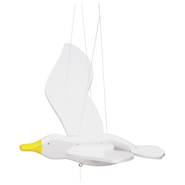White swan-shaped mobile with a yellow beak on a white background