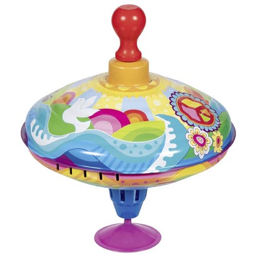Colorful toy spinning top with cartoon designs on a white background