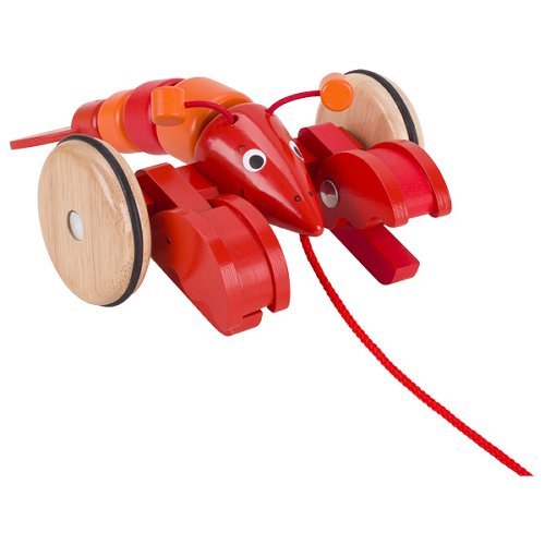 Red and orange toy lobster with wooden wheels on a white background