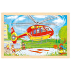Children's puzzle with a red helicopter and fireman figures on a wooden frame.