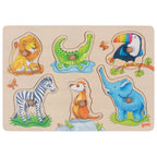 Wooden puzzle with colorful animal figures on a beige background