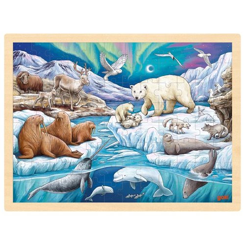 Wooden puzzle with Arctic animals on a colorful background