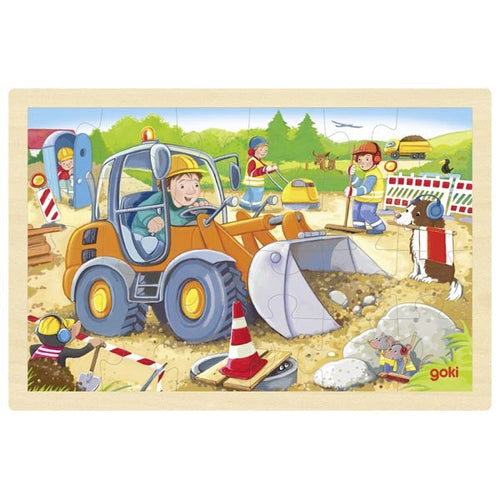 Children's puzzle with a construction scene featuring a tractor and workers.