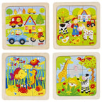 Set of four children's puzzles with different themes on a white background