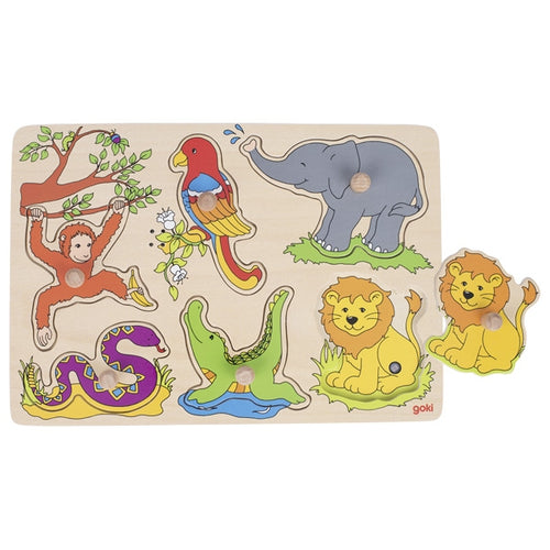 Wooden puzzle with colorful animal figures on a beige background