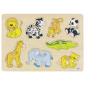 Wooden puzzle with colorful animal figures on a white background
