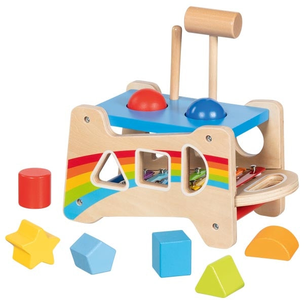 Wooden educational toy with colorful shapes and a rainbow design on a white background