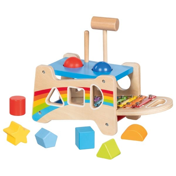 Colorful wooden educational toy with shapes and a xylophone on a white background