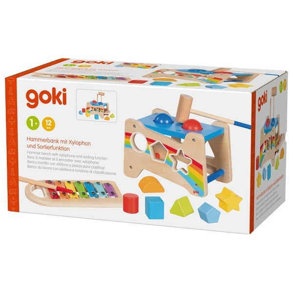 Goki wooden toy set packaging with colorful shapes and hammer on a white background