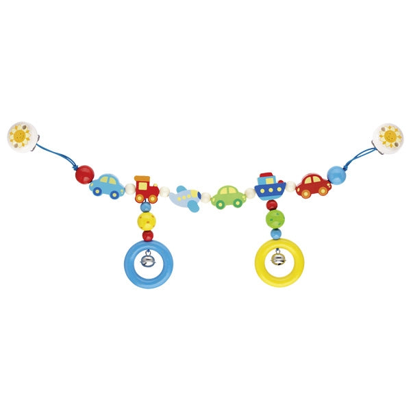 Colorful baby mobile with toys and beads on a white background