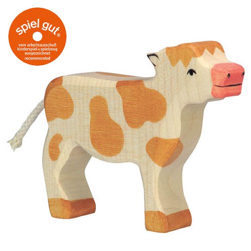 Wooden cow toy with orange spots and pink nose, featuring 'spiel gut' logo.