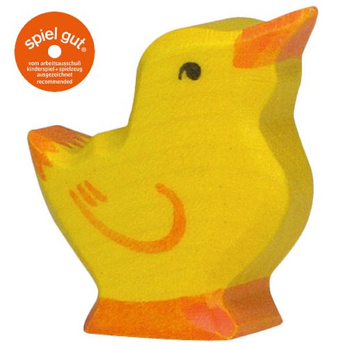 Yellow wooden chick toy with orange beak and feet, branded 'spiel gut' on a white background.