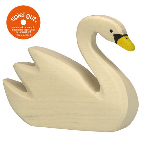 Wooden swan toy with 'spiel gut' logo on a white background