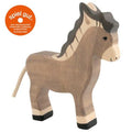 Wooden donkey toy on a white background, featuring the 'spiel gut' logo.