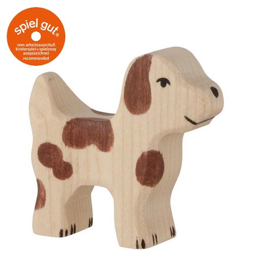 Wooden dog toy with brown patches on a white background, featuring the 'spiel gut' logo.