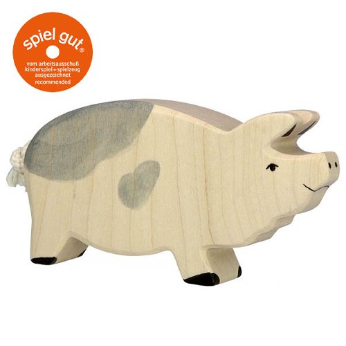 Wooden pig toy with 'spiel gut' logo on a white background