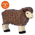 Wooden sheep toy with brown fleece and white face, featuring 'spiel gut' logo.