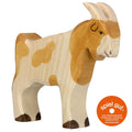 Wooden goat toy with 'spiel gut' certification label on a white background