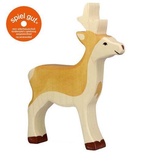 Wooden deer toy with 'spiel gut' logo on a white background