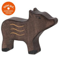 Wooden boar figurine with 'spiel gut' logo on a white background