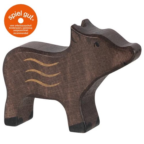 Wooden boar figurine with 'spiel gut' logo on a white background