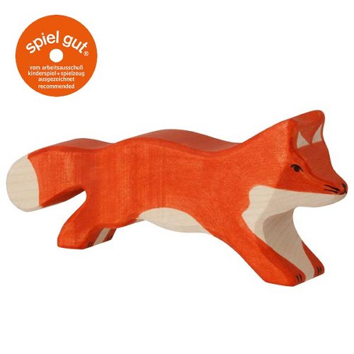 Wooden fox toy with 'spiel gut' logo on a white background
