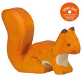 Wooden toy squirrel with 'spiel gut' certification label on a white background