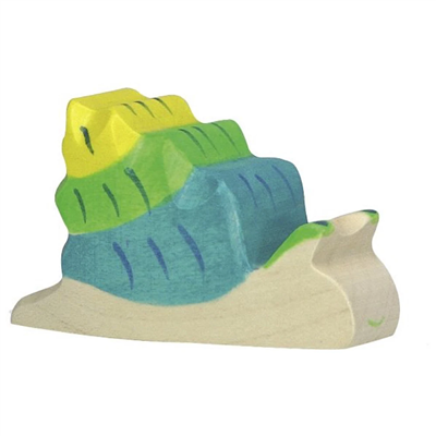 Colorful wooden toy snail with a green beak on a white background