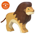 Wooden lion toy with 'spiel gut' logo on a white background