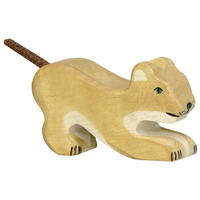 Wooden lion cub toy on a white background