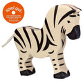 Wooden zebra toy with 'spiel gut' logo on a white background