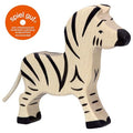 Wooden zebra toy with black stripes on a white background, featuring the 'spiel gut' logo.