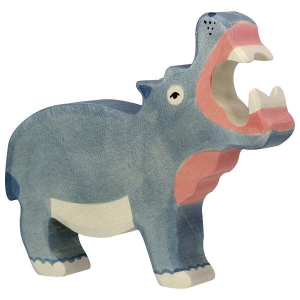 Wooden toy rhino figure with an open mouth on a white background