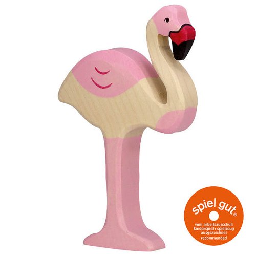 Wooden flamingo toy with 'spiel gut' label on a white background