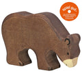 Wooden bear figure with 'spiel gut' certification logo on a white background
