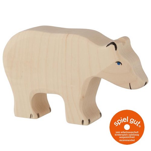 Wooden polar bear toy with 'spiel gut' certification logo on a white background