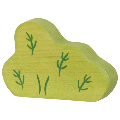 Green wooden toy bush with plant designs on a white background