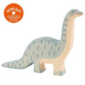 Wooden dinosaur toy with 'spiel gut' logo on a white background