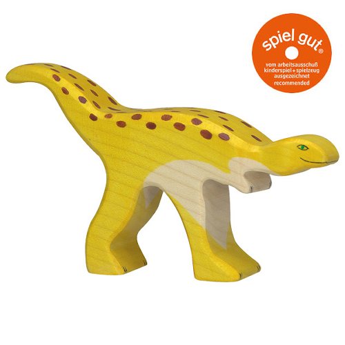 Wooden dinosaur toy with yellow body and brown spots on a white background, featuring the 'spiel gut' logo.