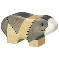 Wooden animal figurine with a brown and gray design on a white background