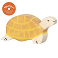 Wooden turtle toy with 'spiel gut' logo on a white background