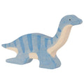 Wooden toy dinosaur with blue and beige pattern on a white background