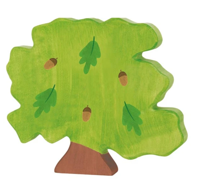 Wooden toy oak tree with green leaves and brown acorns on a white background