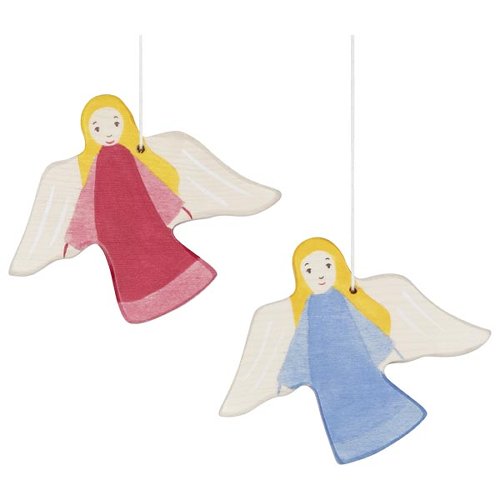 Two angel ornaments, one in pink and one in blue, on a white background.