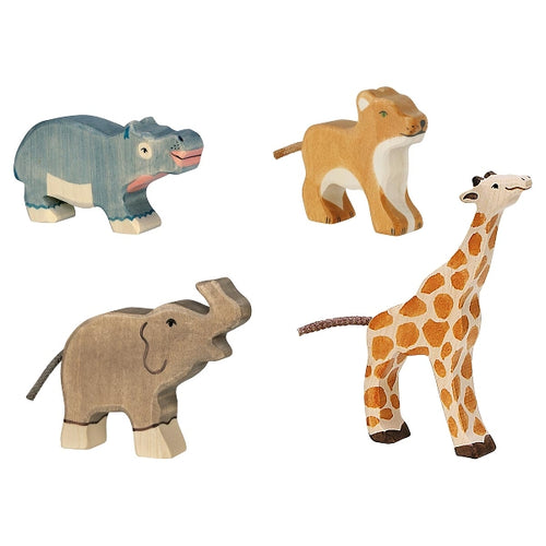 Set of wooden animal figurines including a hippo, lion, elephant, and giraffe on a white background.