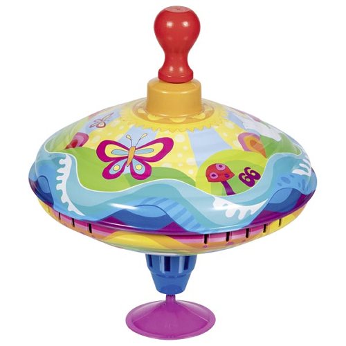 Colorful toy top with butterfly design on a white background
