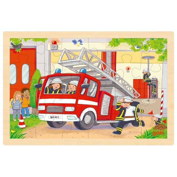 Children's puzzle with a fire truck and firefighters on a wooden frame