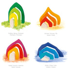 Four colorful wooden rainbow toys with labels for each season on a white background.